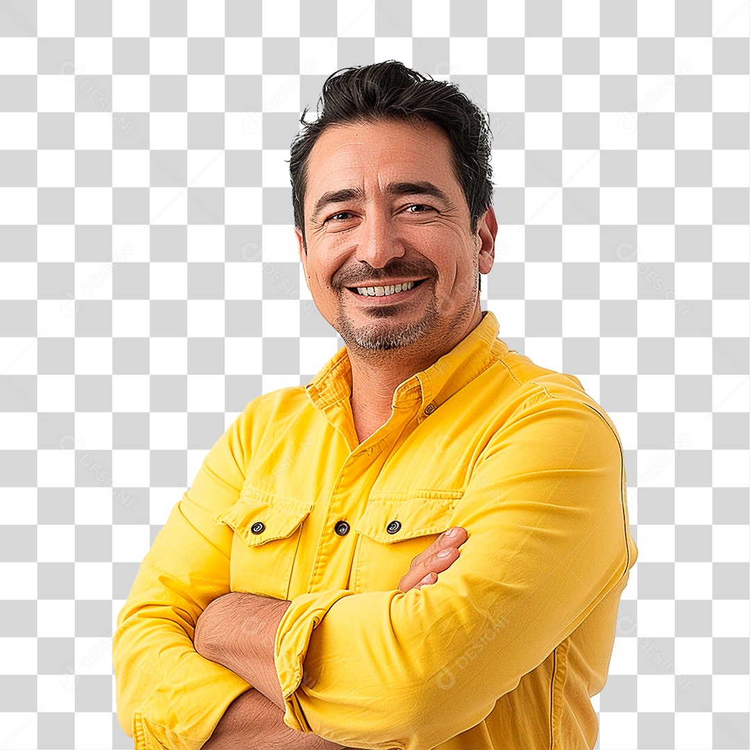 Homem de Roupa Amarela com os Braços Cruzados Sorrindo PNG Transparente
