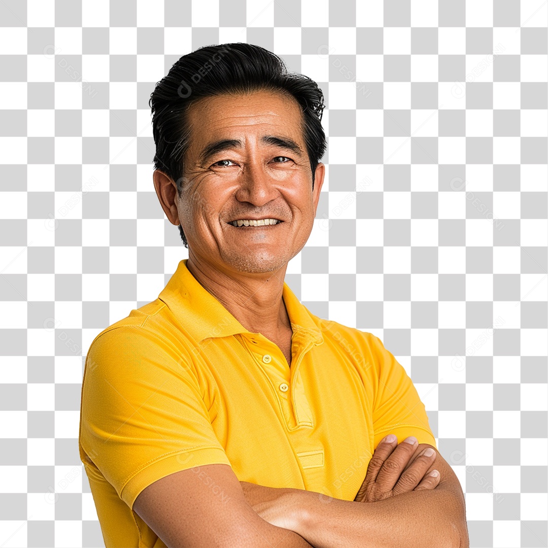 Homem de Roupa Amarela com os Braços Cruzados Sorrindo PNG Transparente
