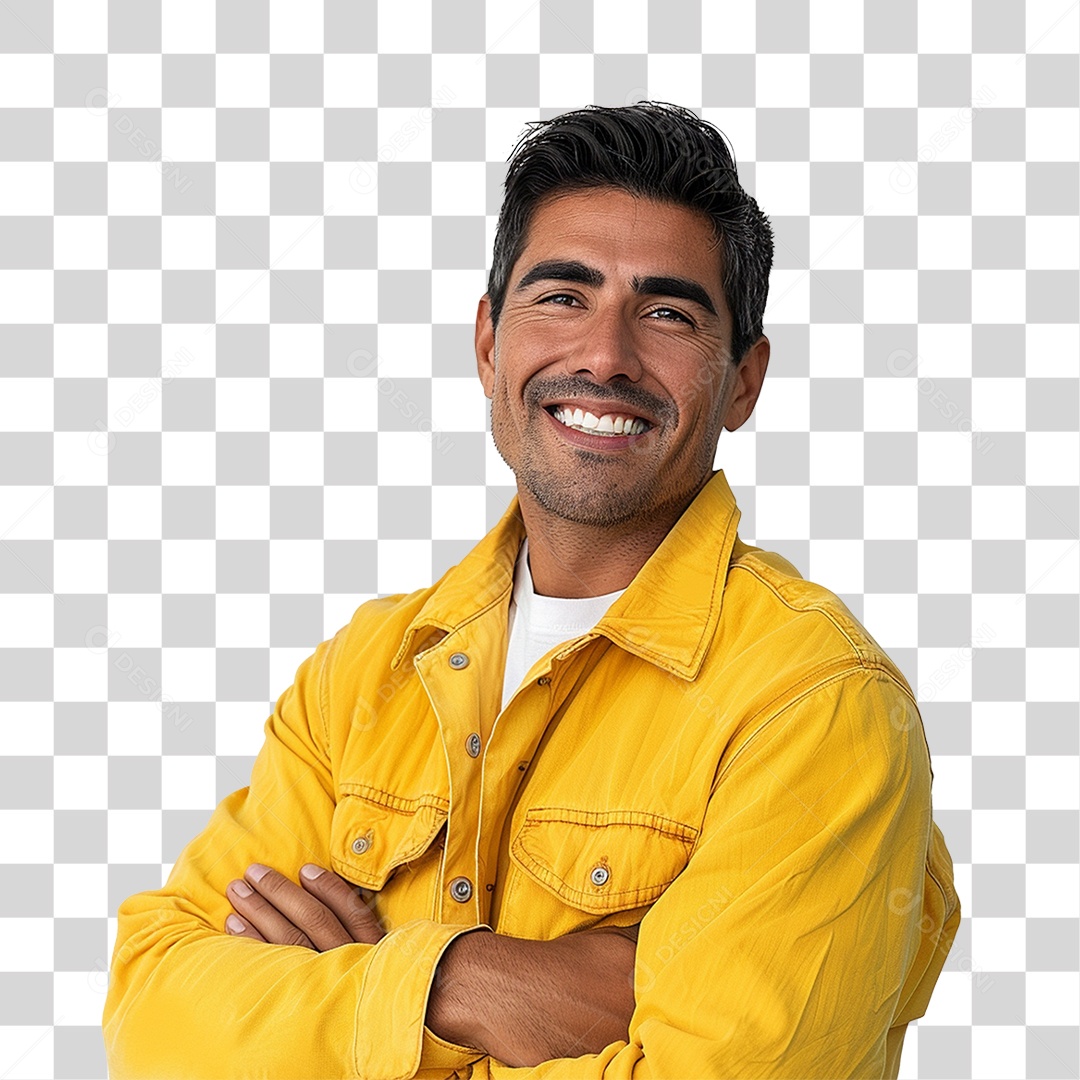 Homem de Roupa Amarela com os Braços Cruzados Sorrindo PNG Transparente