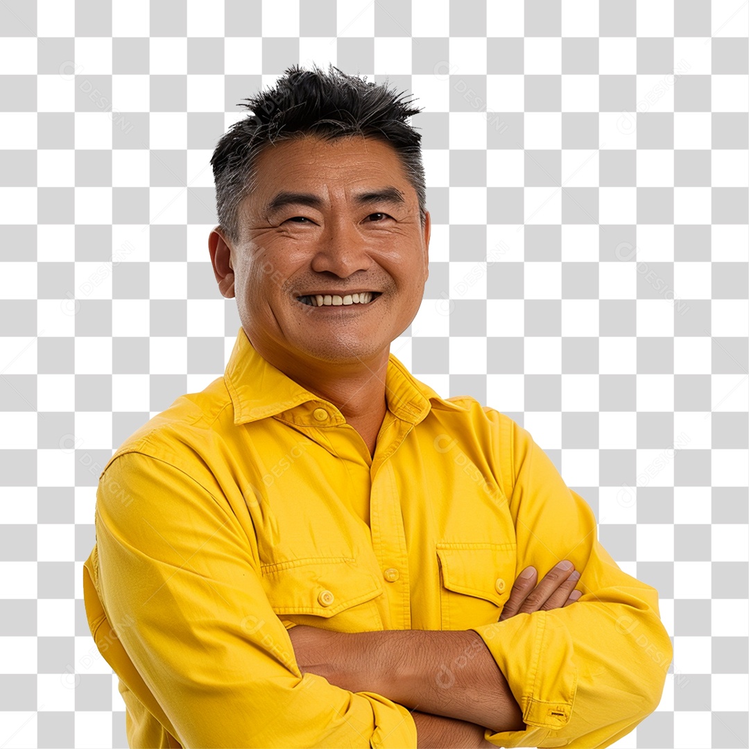 Homem de Roupa Amarela com os Braços Cruzados Sorrindo PNG Transparente