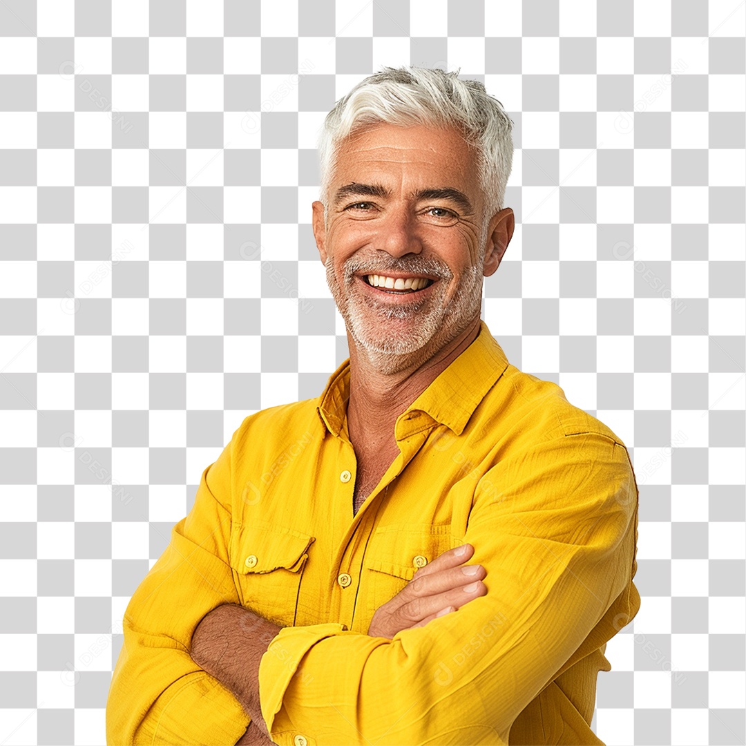 Homem de Roupa Amarela com os Braços Cruzados Sorrindo PNG Transparente