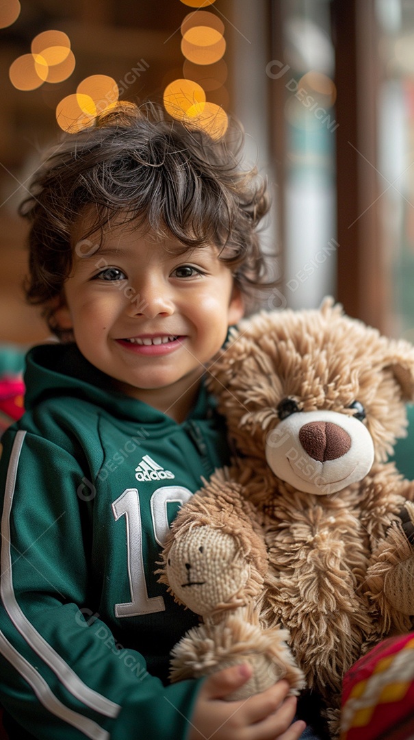 Um lindo menino mexicano com um ursinho de pelúcia