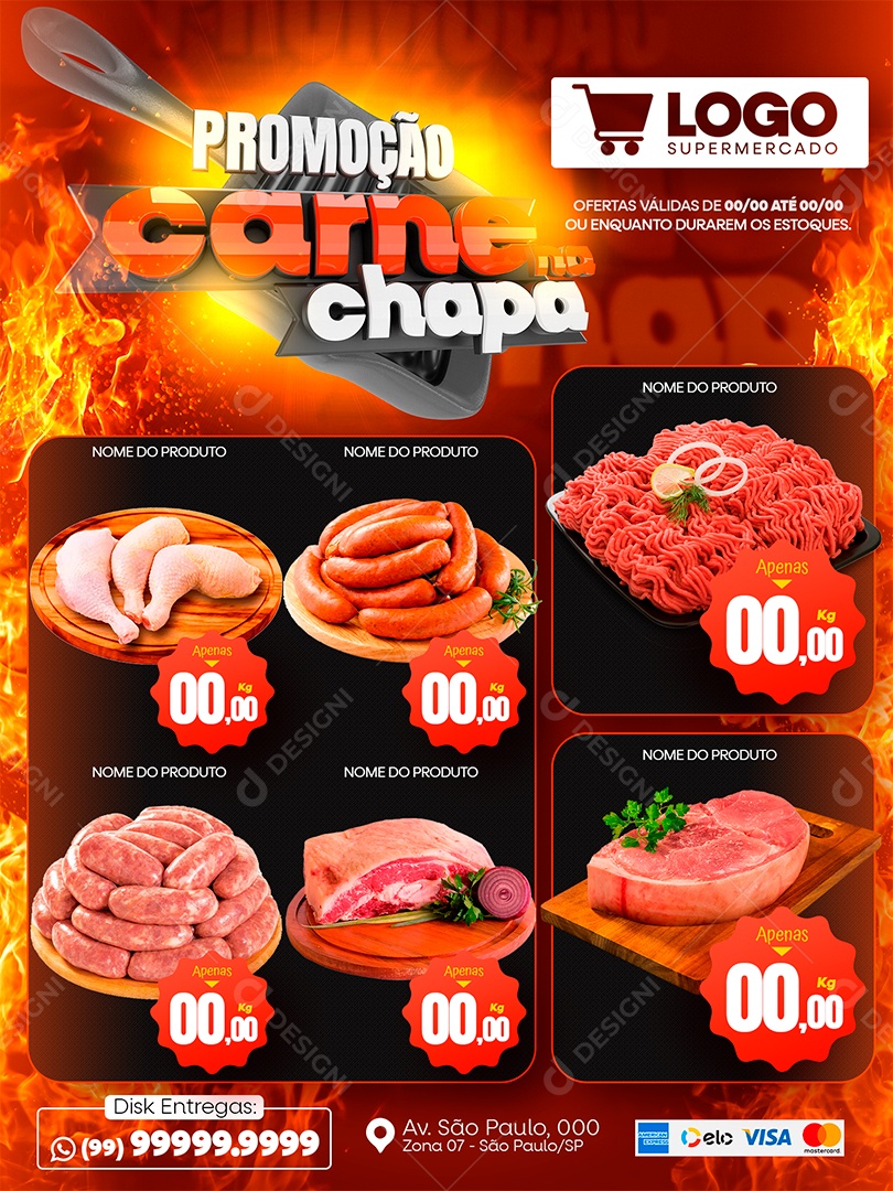 Encarte Promoção Carne na Chapa com Selo 3D Social Media PSD Editável