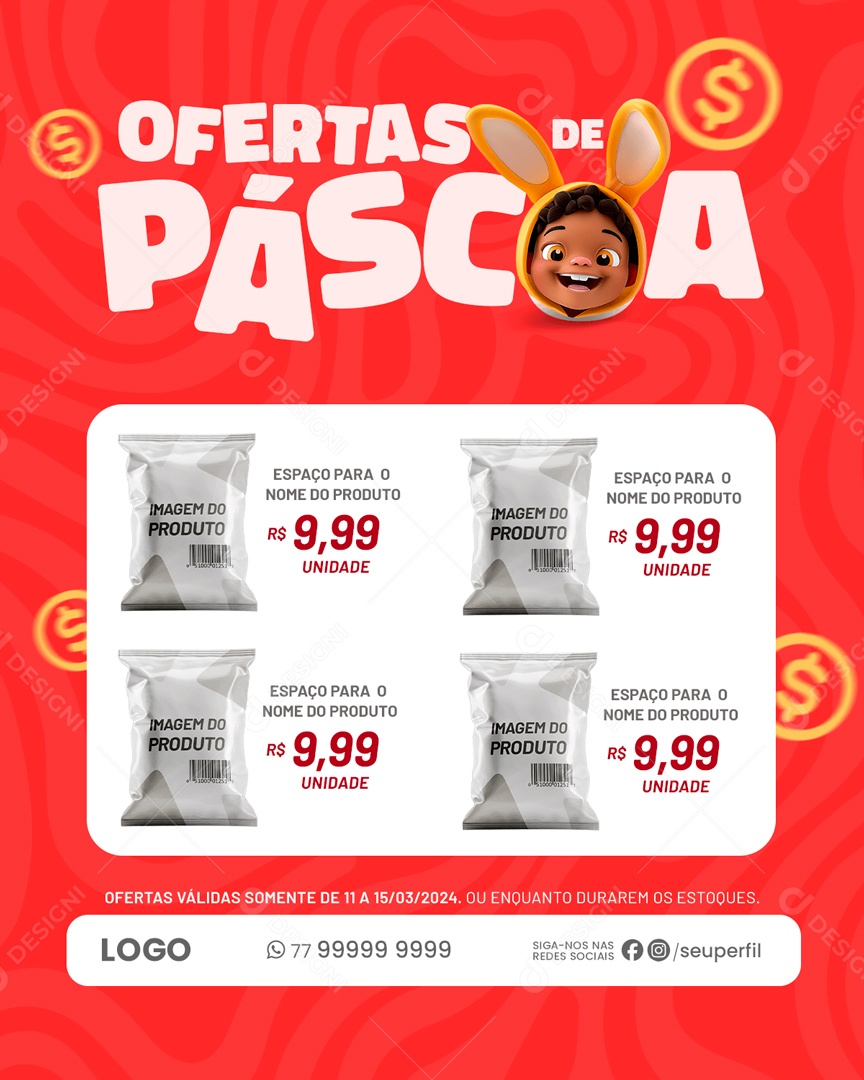 Ofertas de Páscoa Cada Produto por Apenas 9,99 Social Media PSD Editável