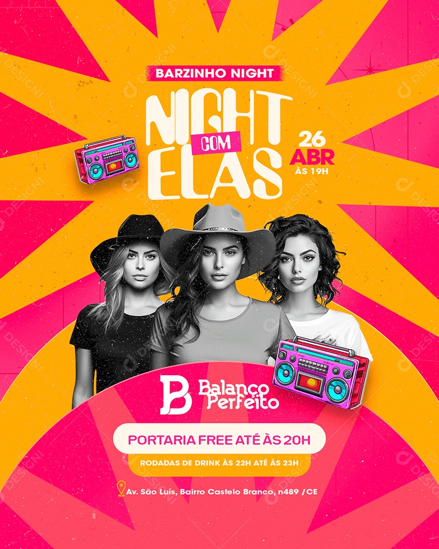 Flyer Barzinho Night com Elas Balanço Perfeito Social Media PSD Editável