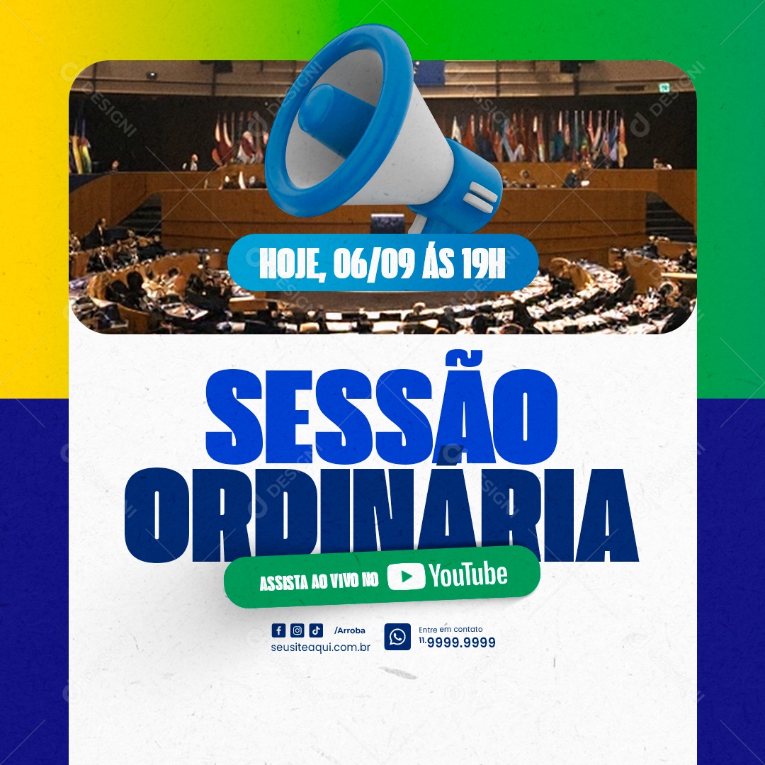 Sessão Ordinária Assista Ao Vivo no Youtube Hoje Social Media PSD Editável