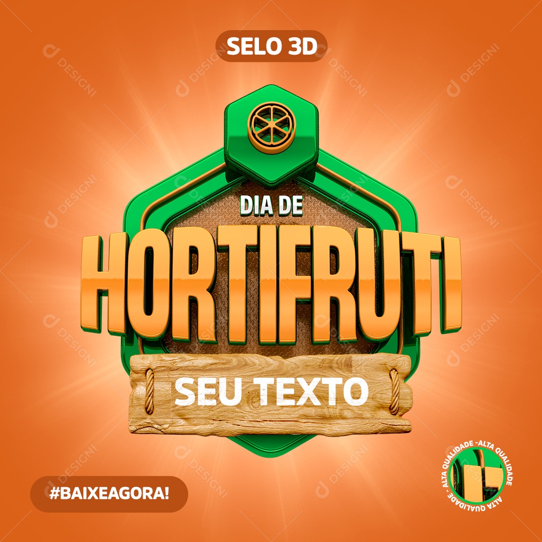 Dia de Hortifruti Selo 3D Verde e Laranja para Composição PSD