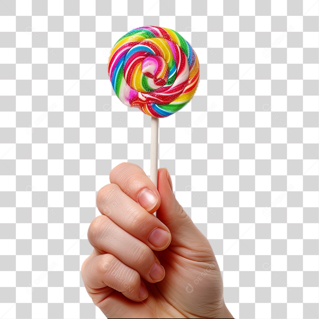 Mão Segurando Pirulito de Doce Colorido PNG Transparente