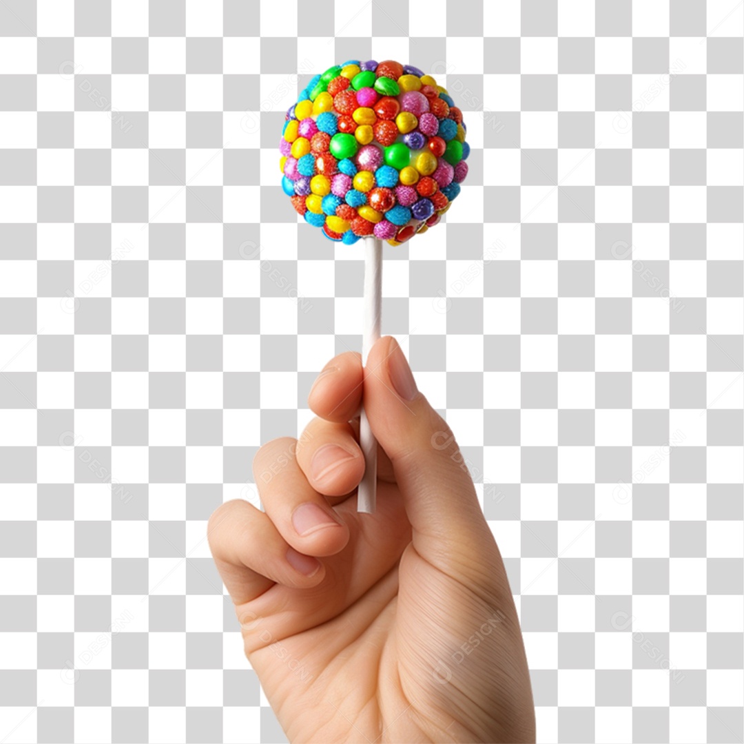 Mão Segurando Pirulito de Chocolate Colorido PNG Transparente