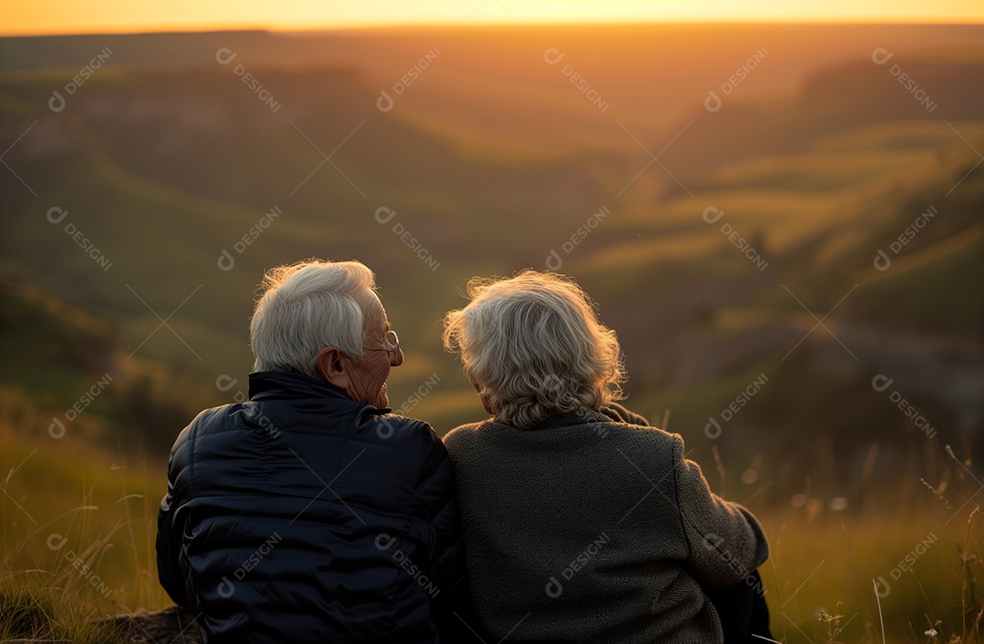 Um casal de idosos juntos em um ambiente romântico ao pôr do sol