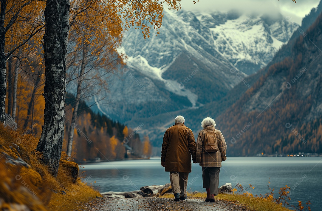 Um casal de idosos juntos romântico ao pôr do sol