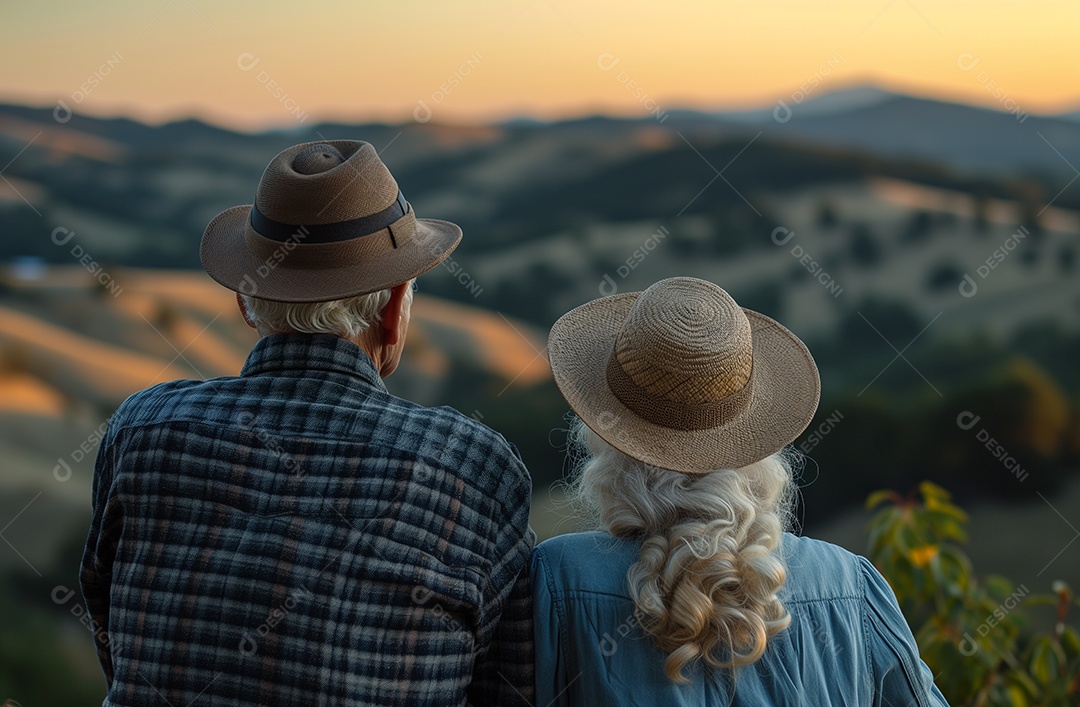 Um casal de idosos juntos em um ambiente romântico ao pôr do sol