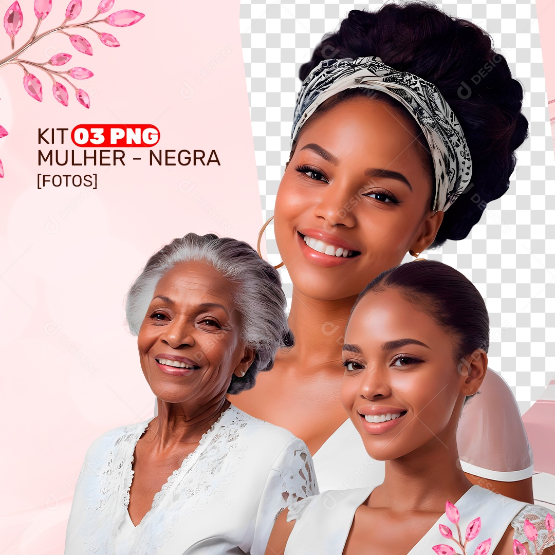 Kit 3 PNG Mulheres Negras Jovens e Idosas PSD + PNG