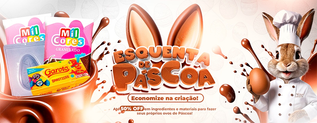 Banner Esquenta de Páscoa Supermercado Granulados Bombons Social Media PSD Editável