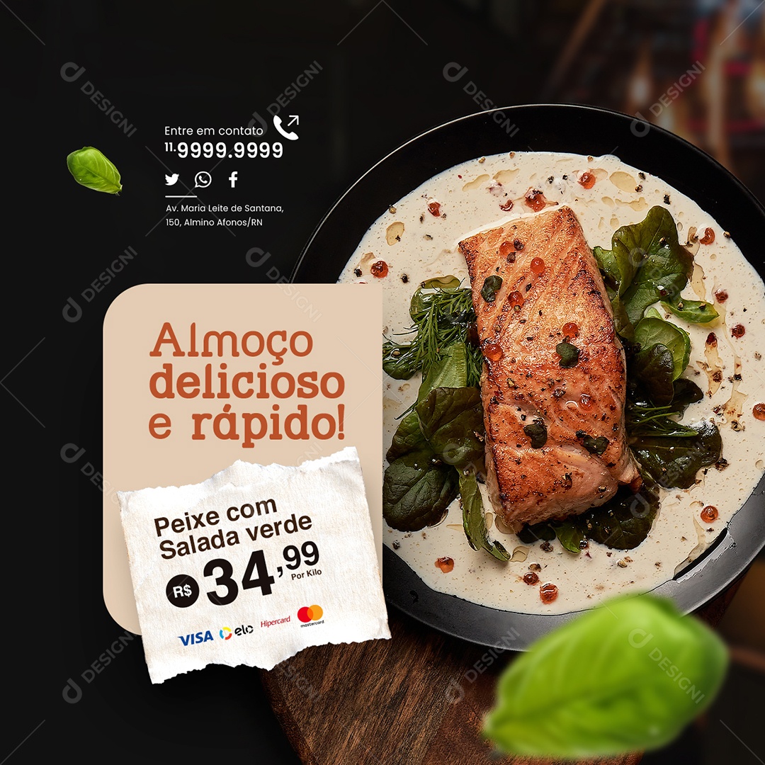 Restaurante Peixe com Salada Verde Almoço Delicioso e Rápido Social Media PSD Editável