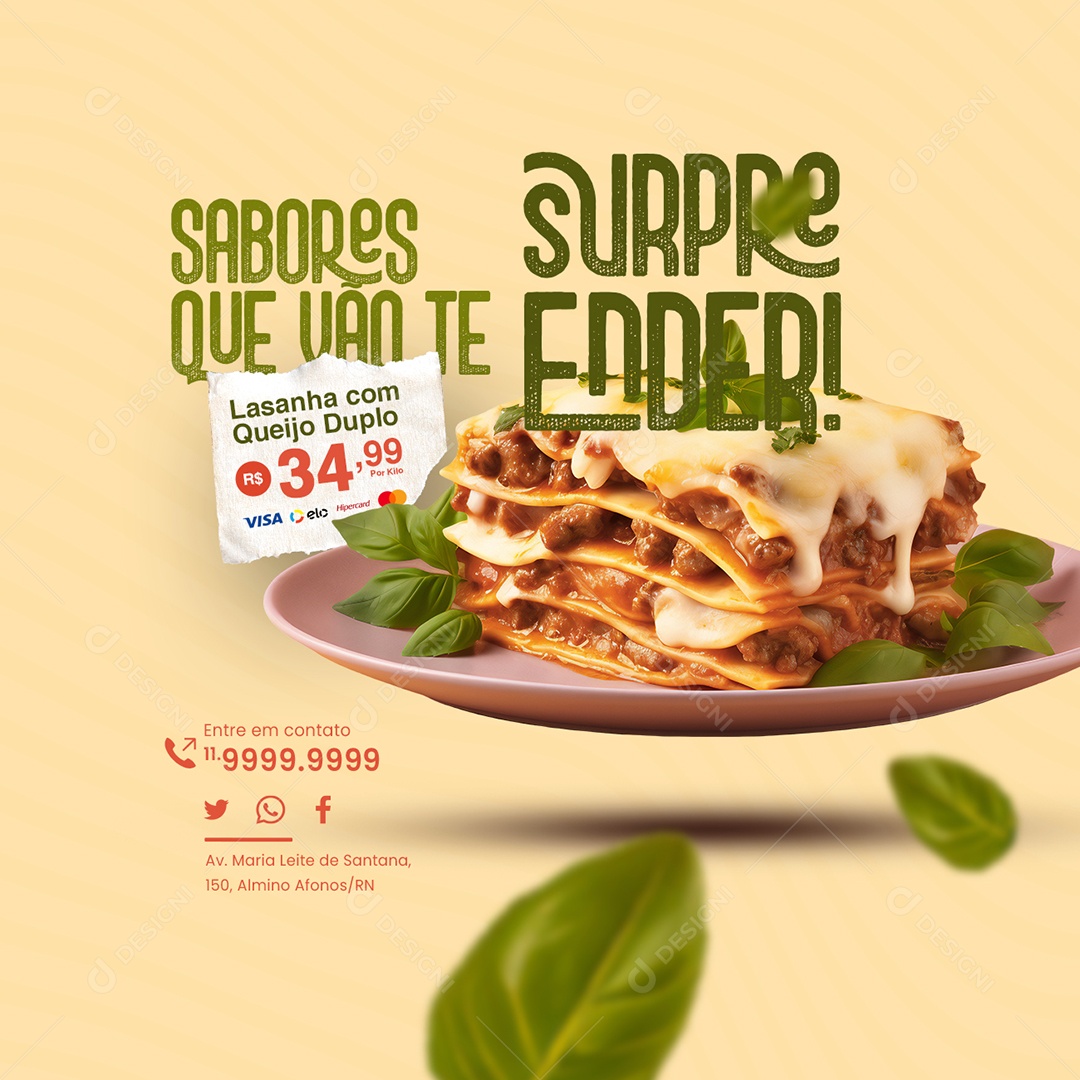 Restaurante Lasanha com Queijo Duplo Sabores que Vão te Surpreender Social Media PSD Editável