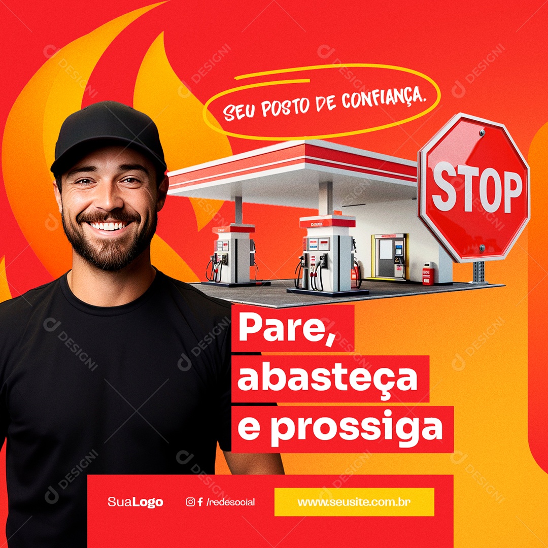 Posto de Gasolina Pare Abasteça e Prossiga Social Media PSD Editável