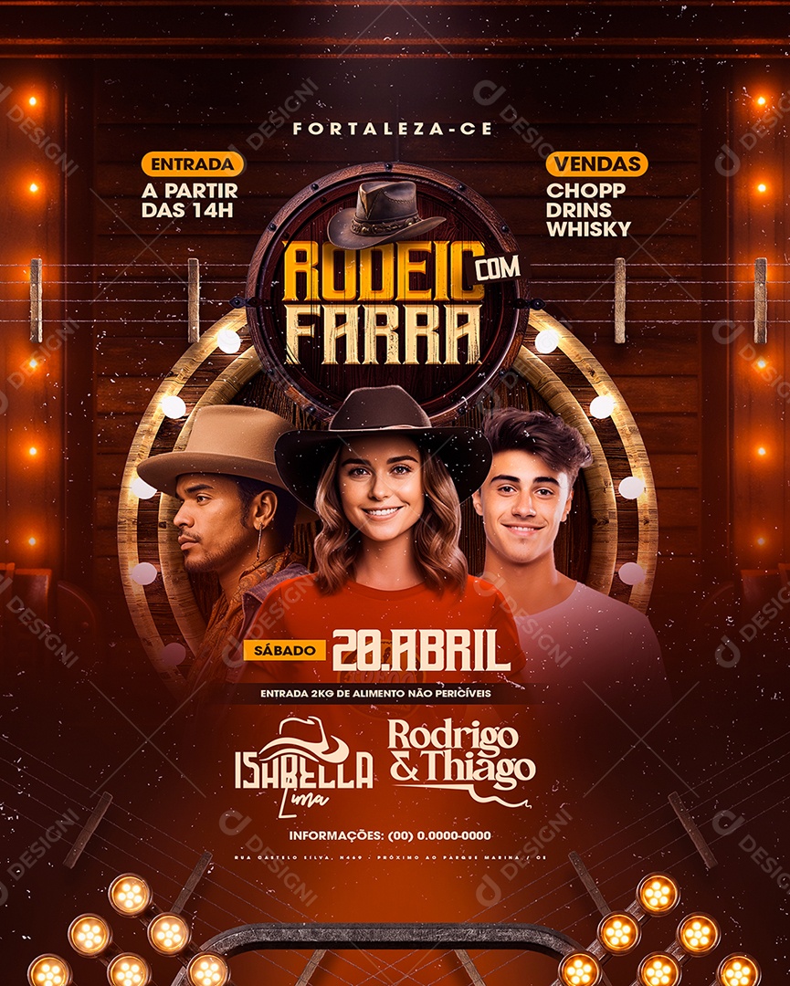 Flyer Rodeio com Farra Isabella Lima Rodrigo e Thiago Social Media PSD Editável