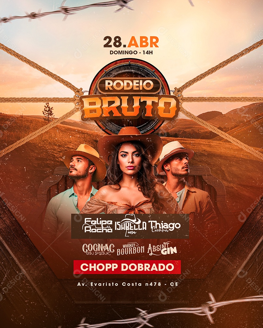 Flyer Rodeio Bruto Felipe Rocha Isabella Lima Thiago Cunha Social Media PSD Editável
