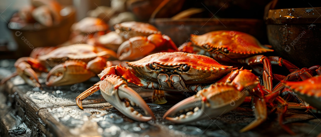 Pilha de caranguejos frescos colocados em uma geladeira IA generativa.