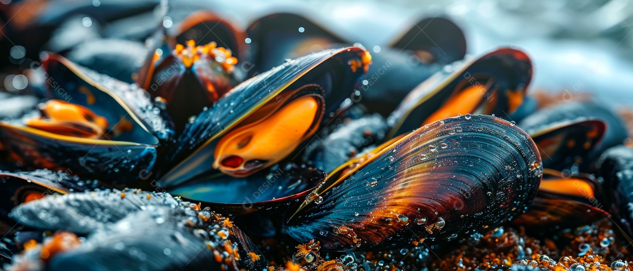 Pilha de mexilhões frescos colocados num congelador Generative AI.