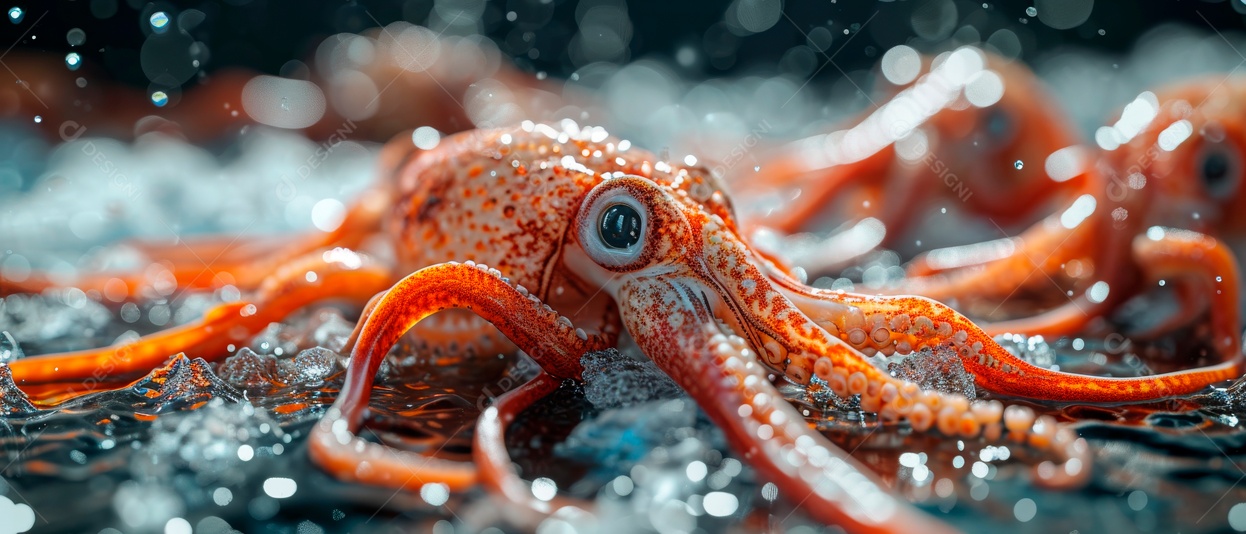 Pilha de lulas frescas colocadas em um freezer IA generativa.