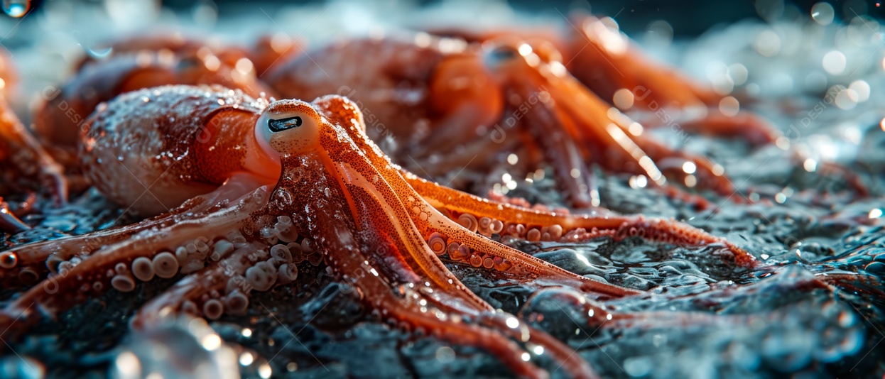 Pilha de lulas frescas colocadas em um freezer IA generativa.