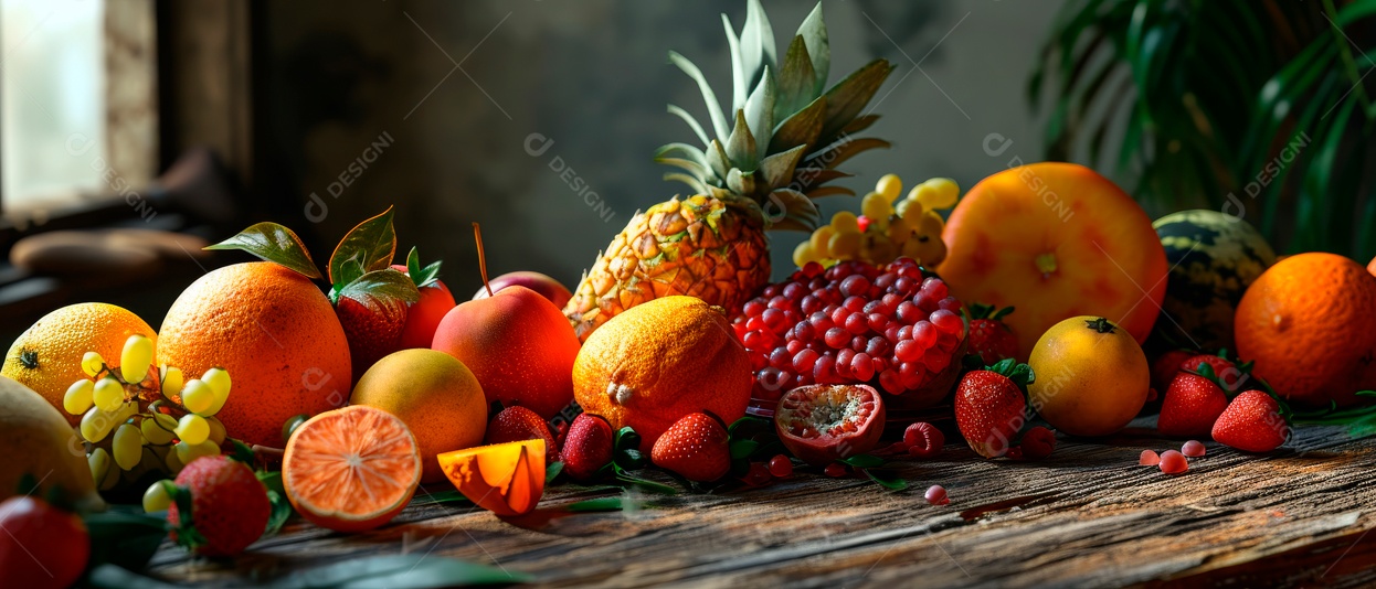 Vários tipos de frutas estão sobre a mesa. IA generativa.