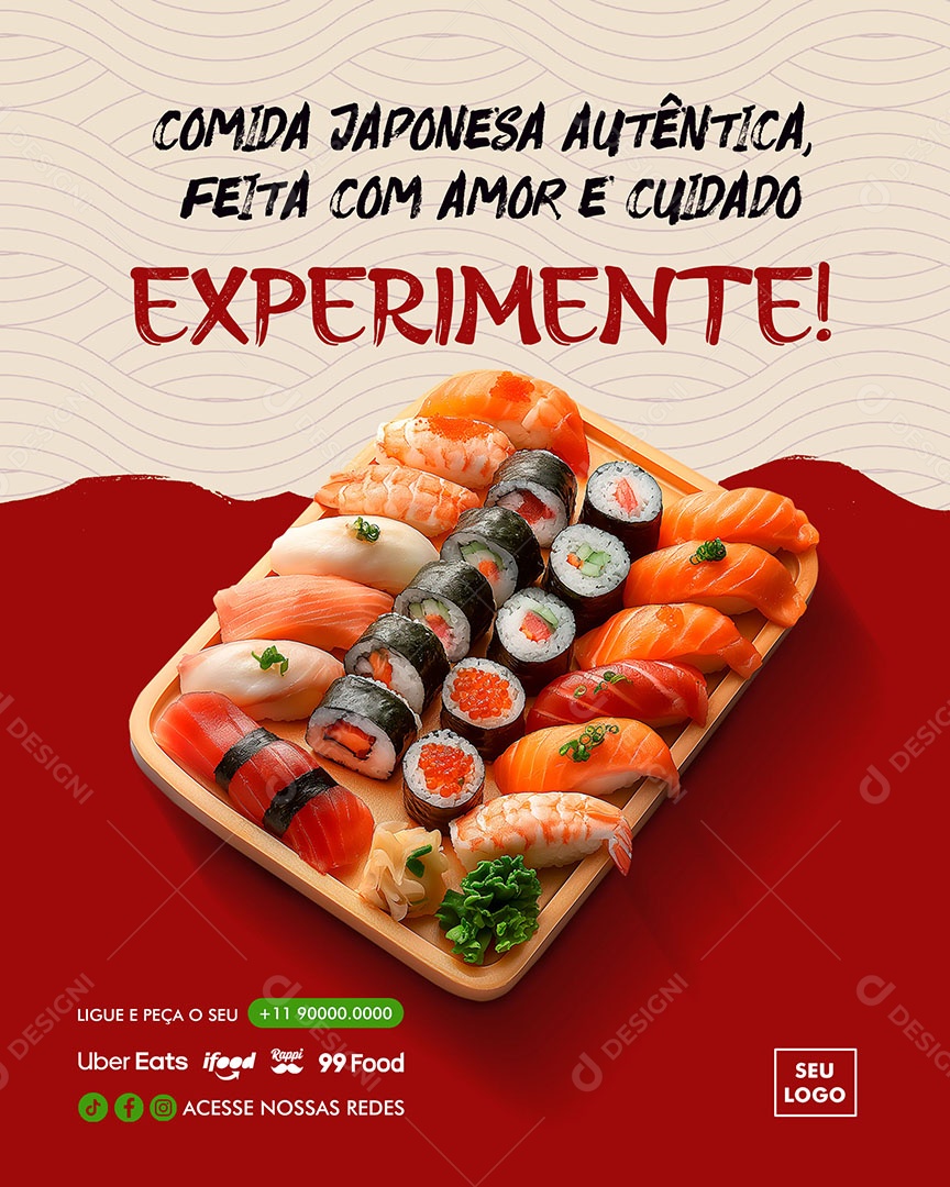 Comida Japoneza Autêntica Feita com Amor e Cuidado Experimente Social Media PSD Editável