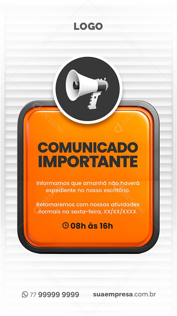 Story Comunicado Importante Retornaremos com nossas Atividades Normais na Sexta-feira Social Media PSD Editável