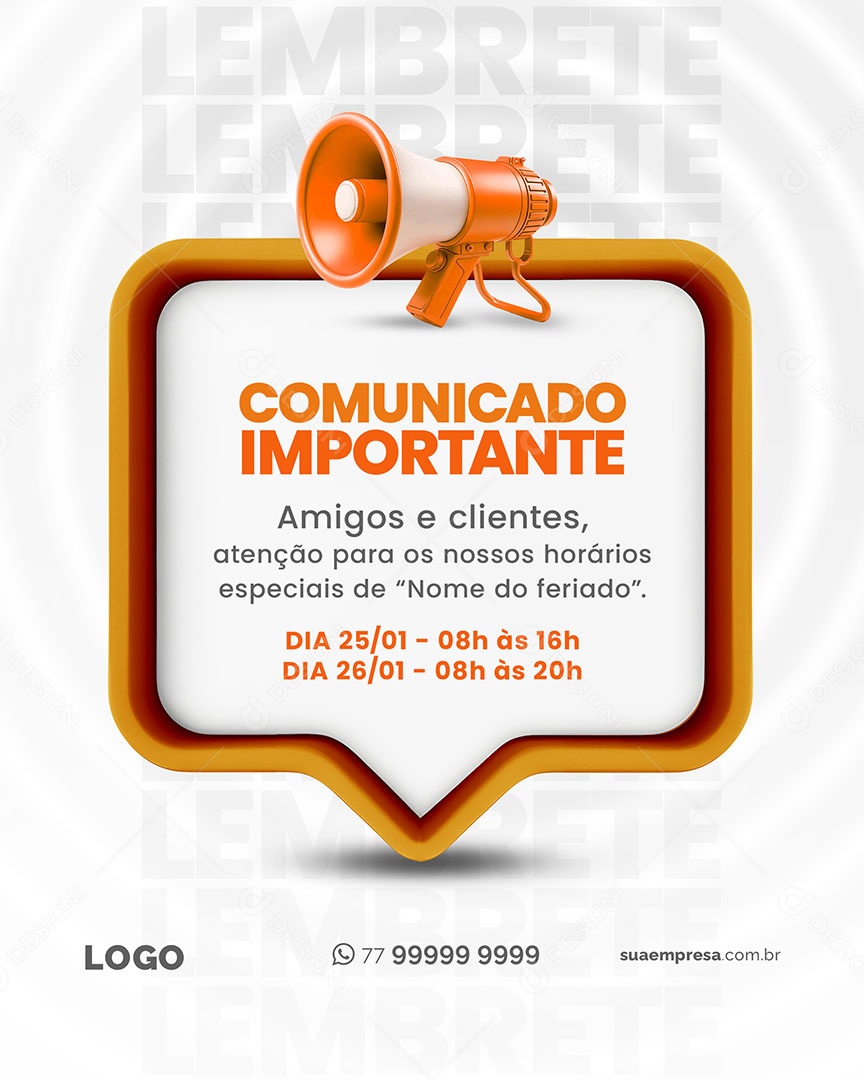 Comunicado Importante Horários Especiais Dia 25 e 26/01 Social Media PSD Editável