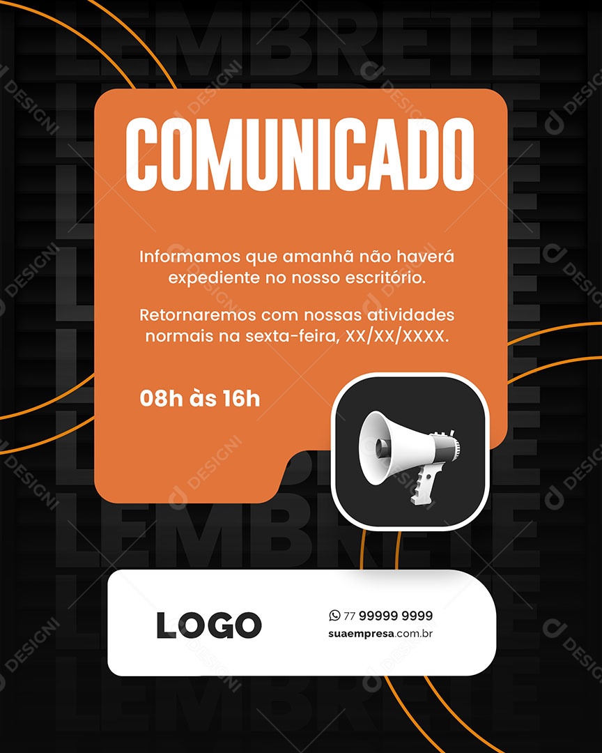Comunicado Informamos que Amanhã não Haverá Expediente Social Media PSD Editável
