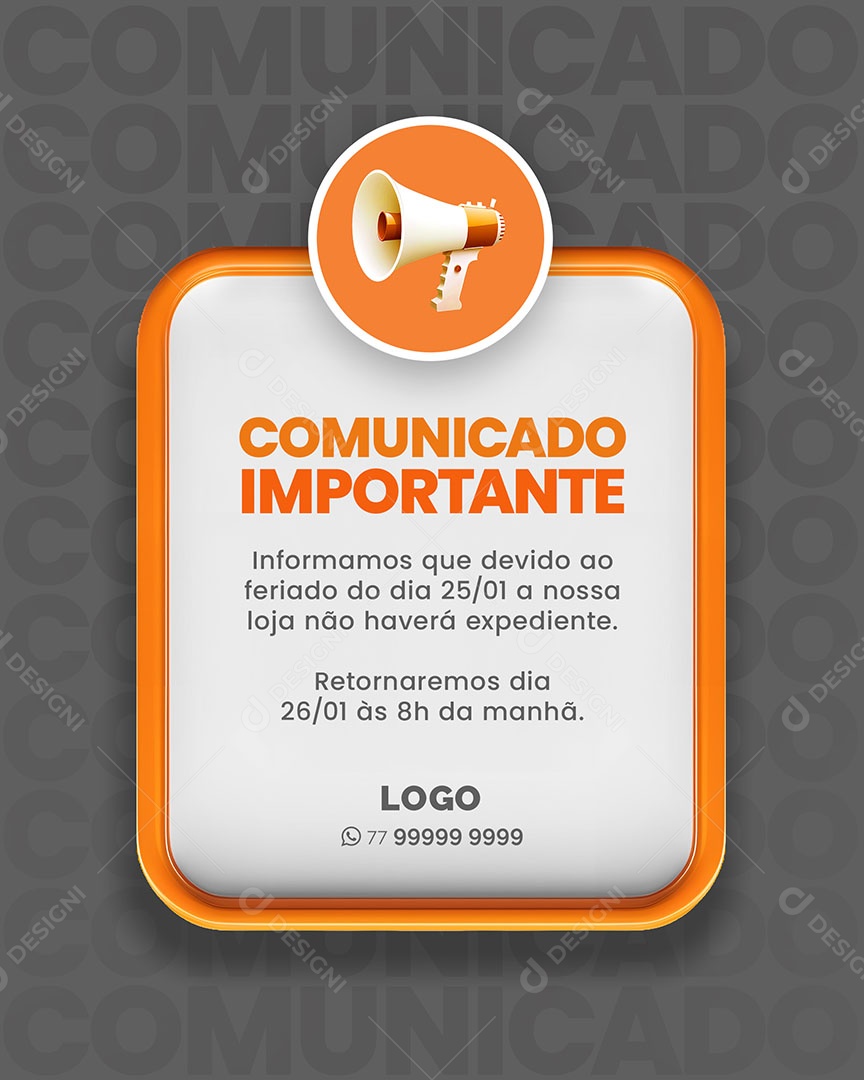 Comunicado Importante Retornaremos Dia 26/01 Social Media  PSD Editável