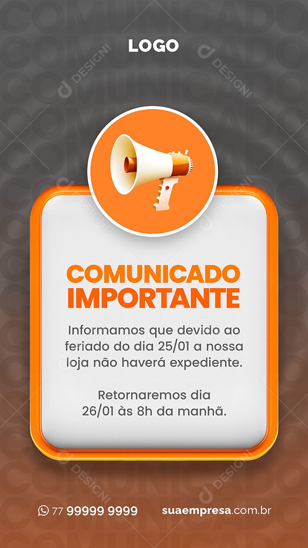 Story Comunicado Importante Retornaremos Dia 26/01 Social Media  PSD Editável