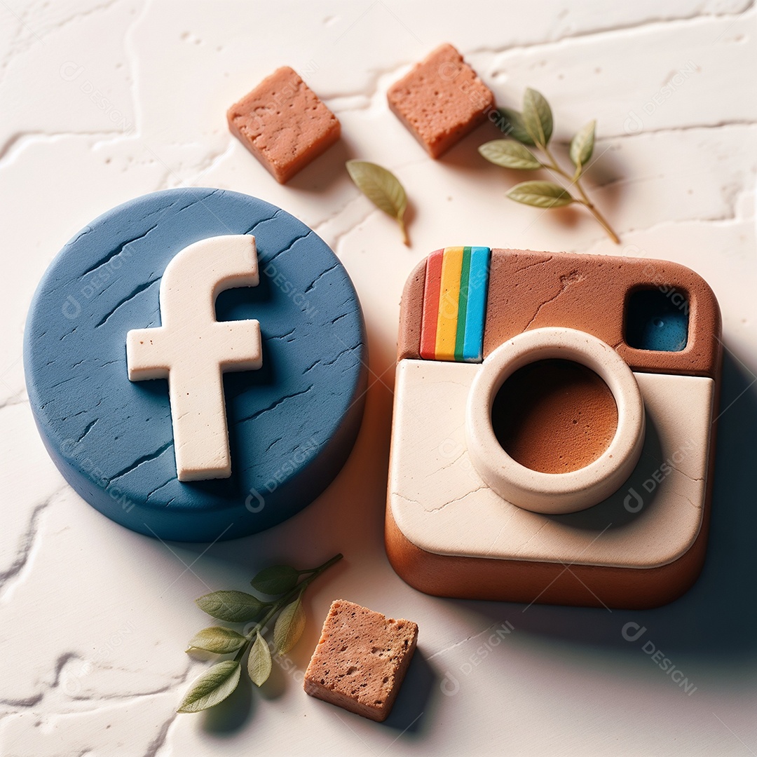 Ícones do Facebook e Instagram com textura de tijolo