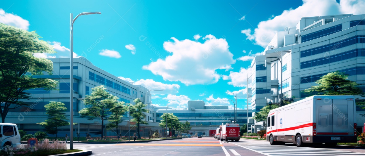 Veículos hospitalares transportam pacientes e hospitais tratam pacientes. IA generativa.