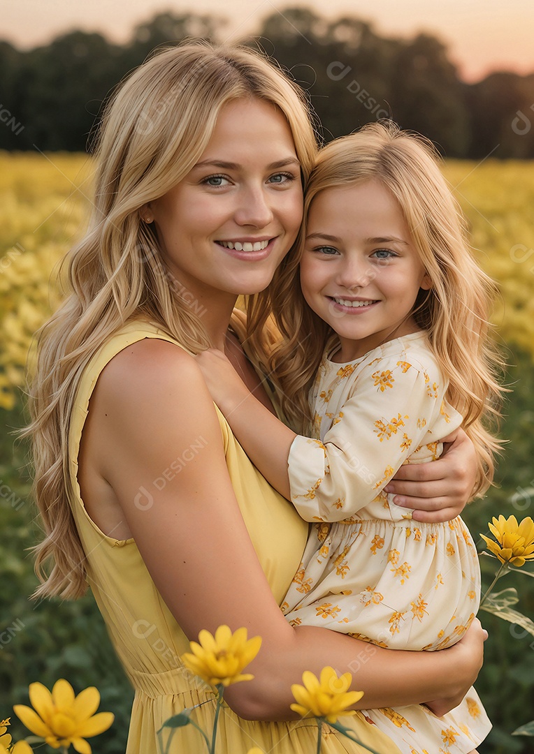 Mãe loira e filha sorrindo em um campo de flores amarelas ao pôr do sol