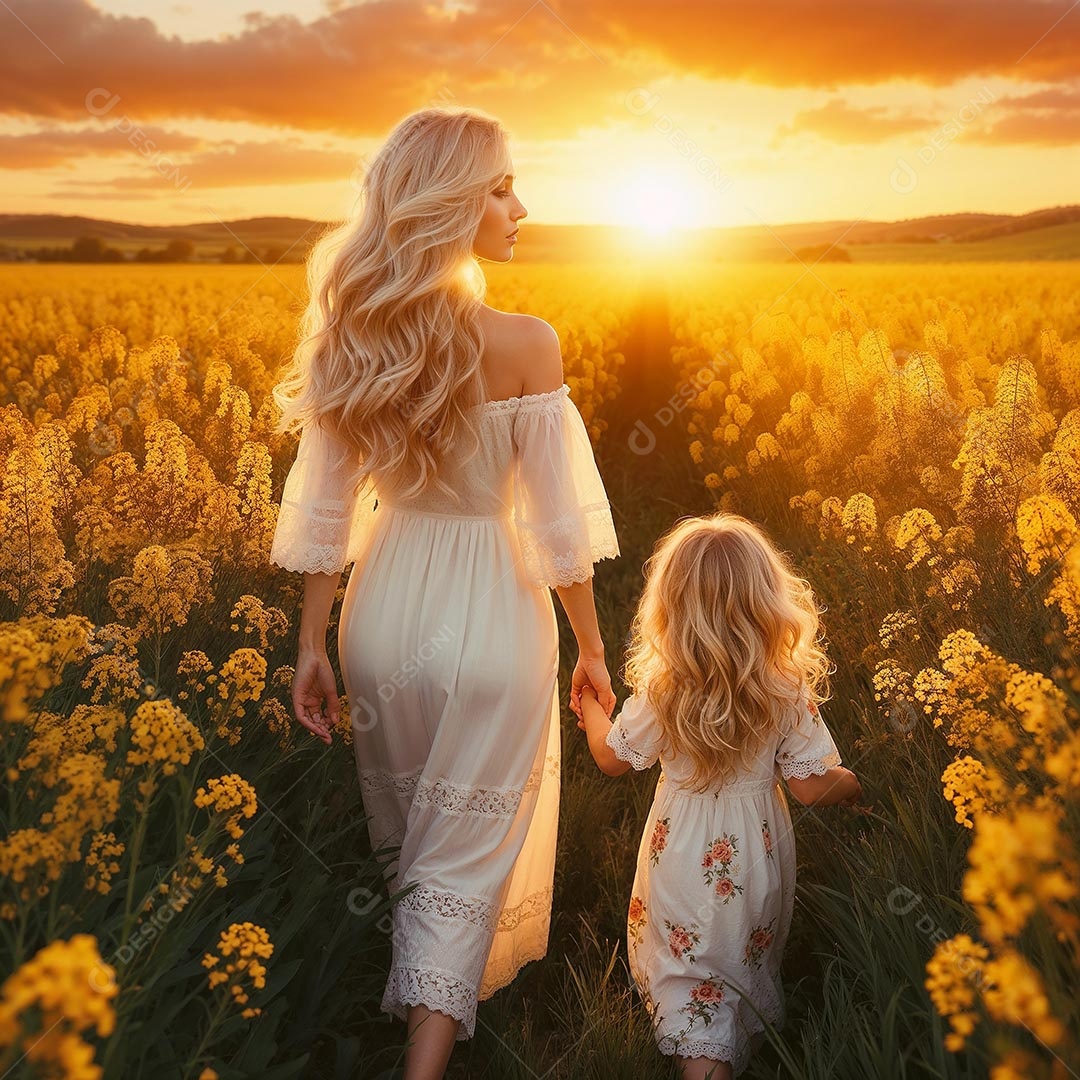 Uma mãe morena com uma filha de 4 anos andando em um campo de flores