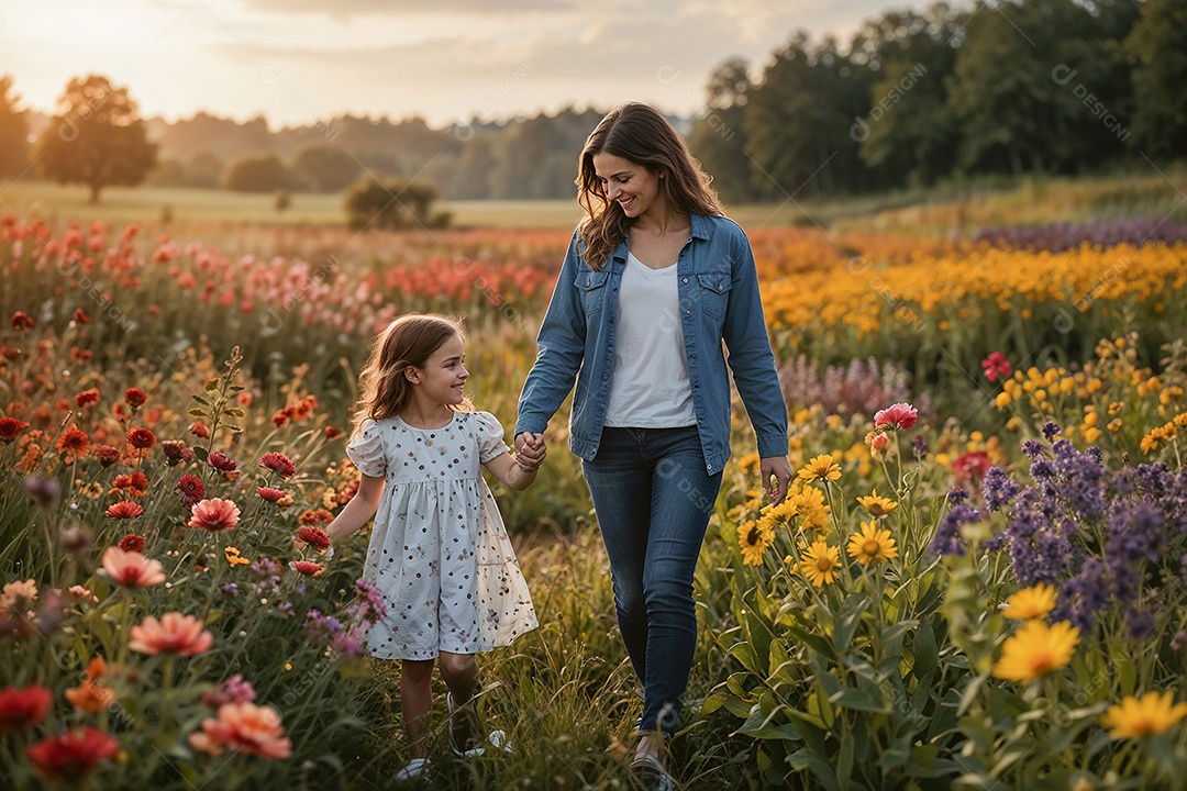 Uma mãe morena com uma filha de 4 anos andando em um campo de flores