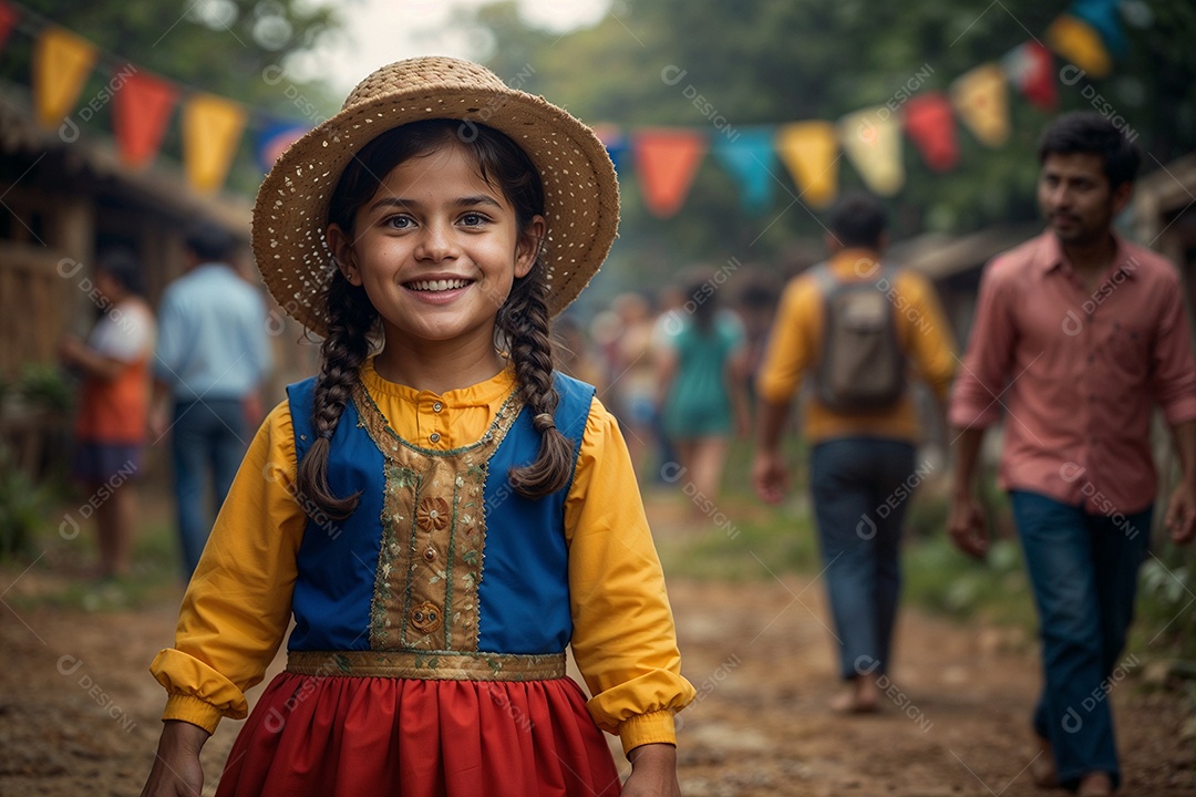 Uma garotinha feliz se divertindo na festa de São João