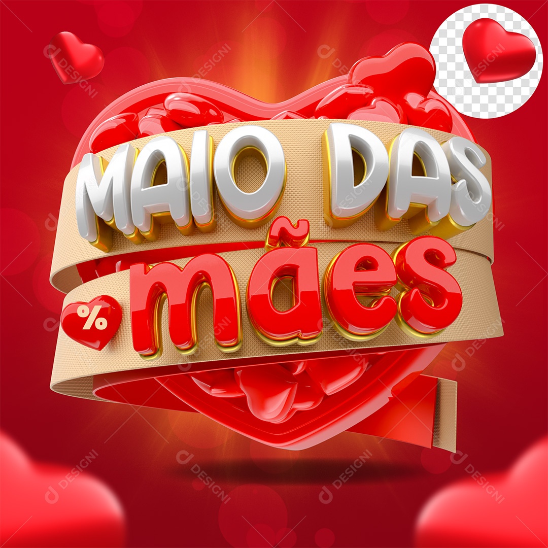 Maio das Mães Selo 3D Vermelho Dourado e Branco para Composição PSD