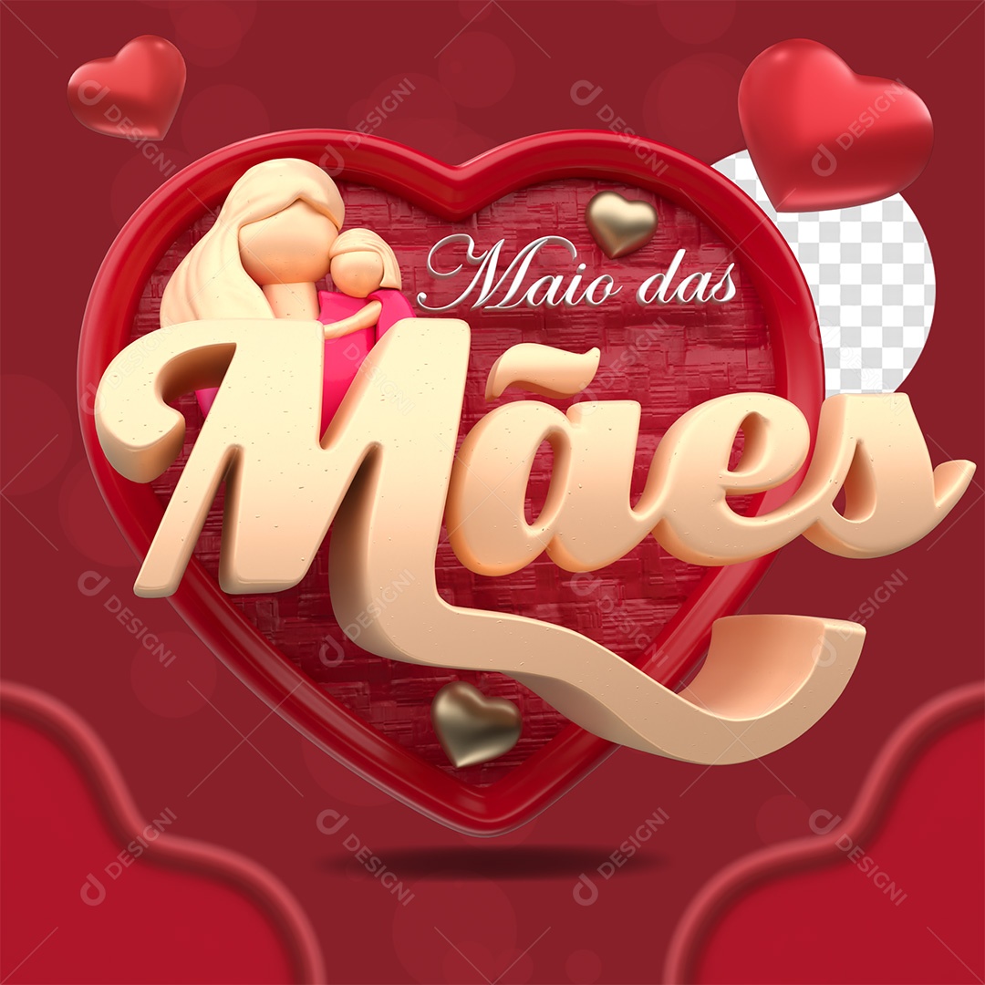 Maio das Mães Selo 3D Vermelho e Branco para Composição PSD