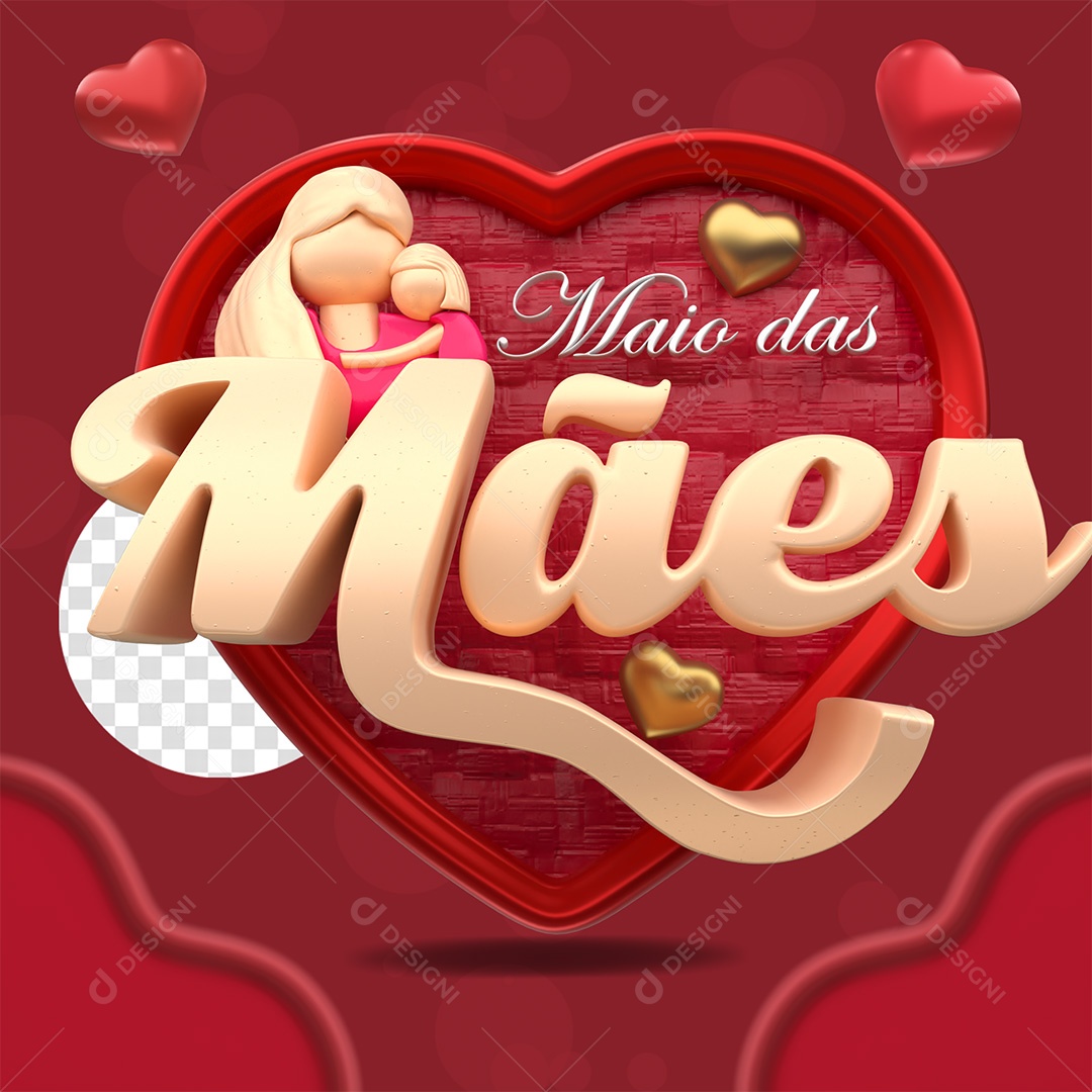 Selo 3D Maio das Mães Vermelho e Branco para Composição PSD