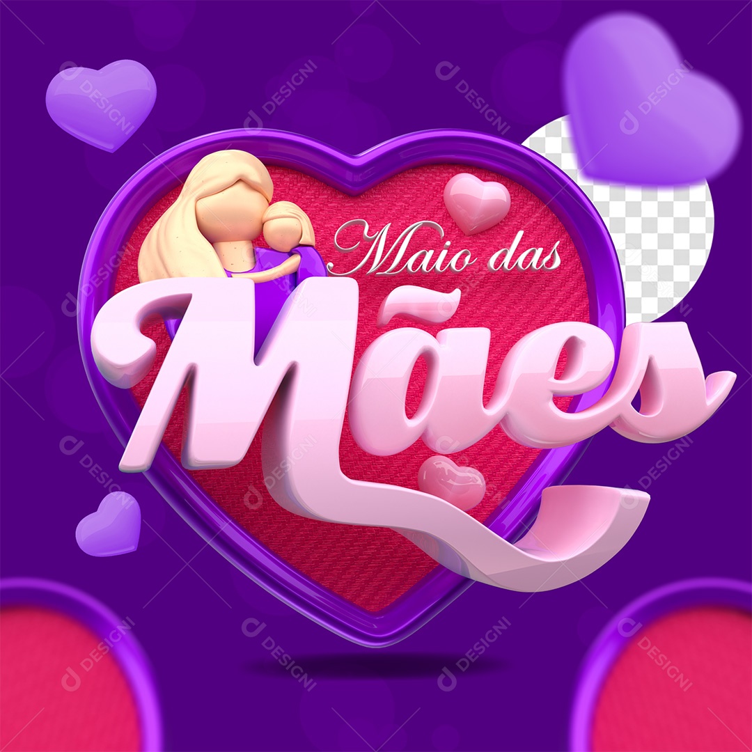Selo 3D Maio das Mães Roxo e Rosa para Composição PSD