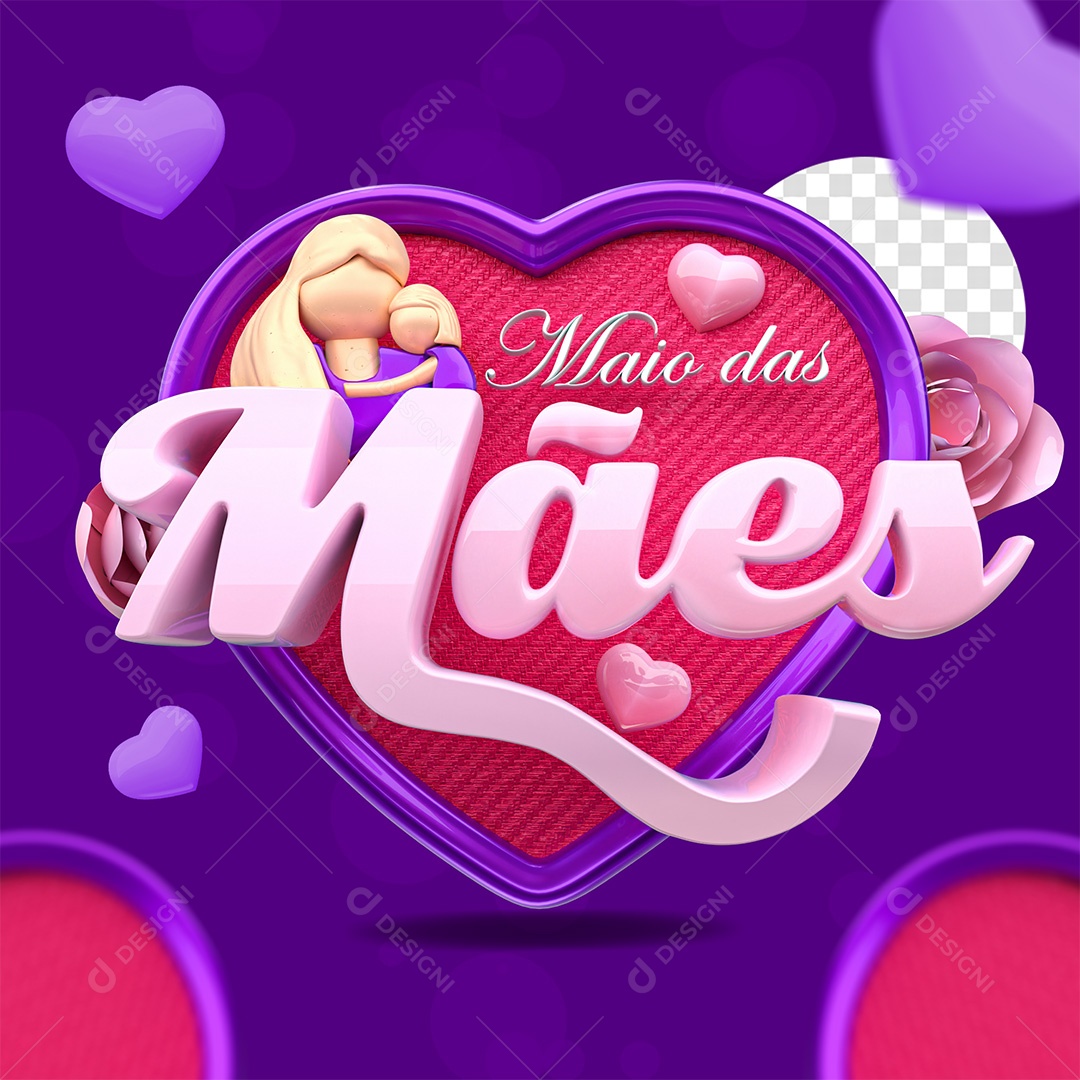 Maio das Mães Selo 3D Roxo e Rosa para Composição PSD
