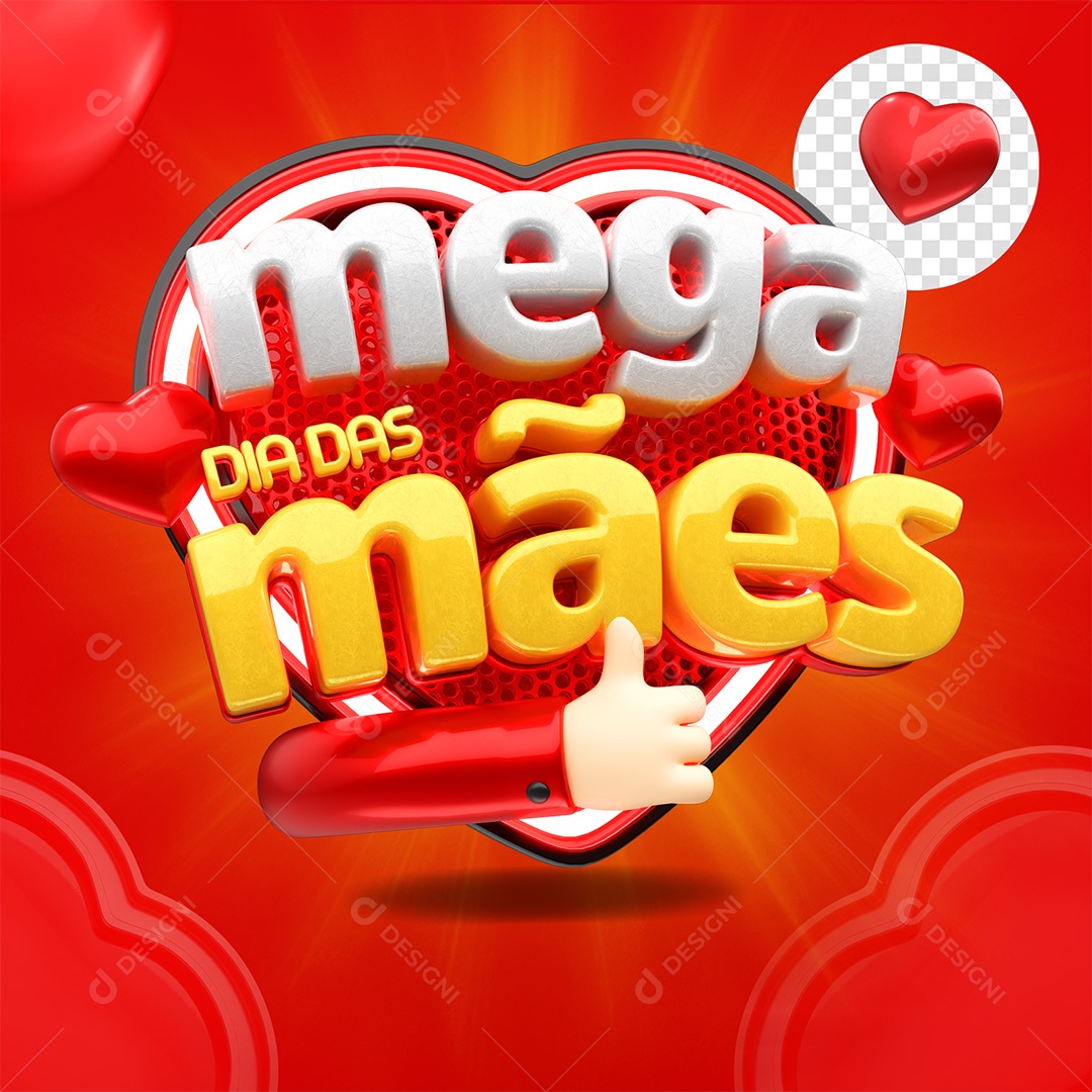 Selo 3D Mega Dia das Mães Cinza Amarelo e Vermelho para Composição PSD
