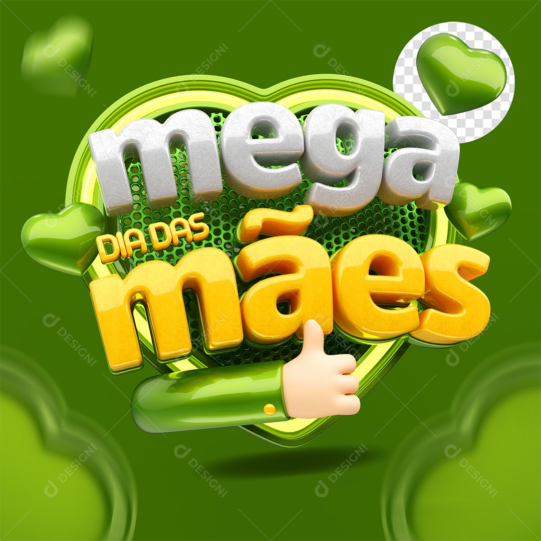 Selo 3D Mega Dia das Mães Cinza Amarelo e Verde para Composição PSD