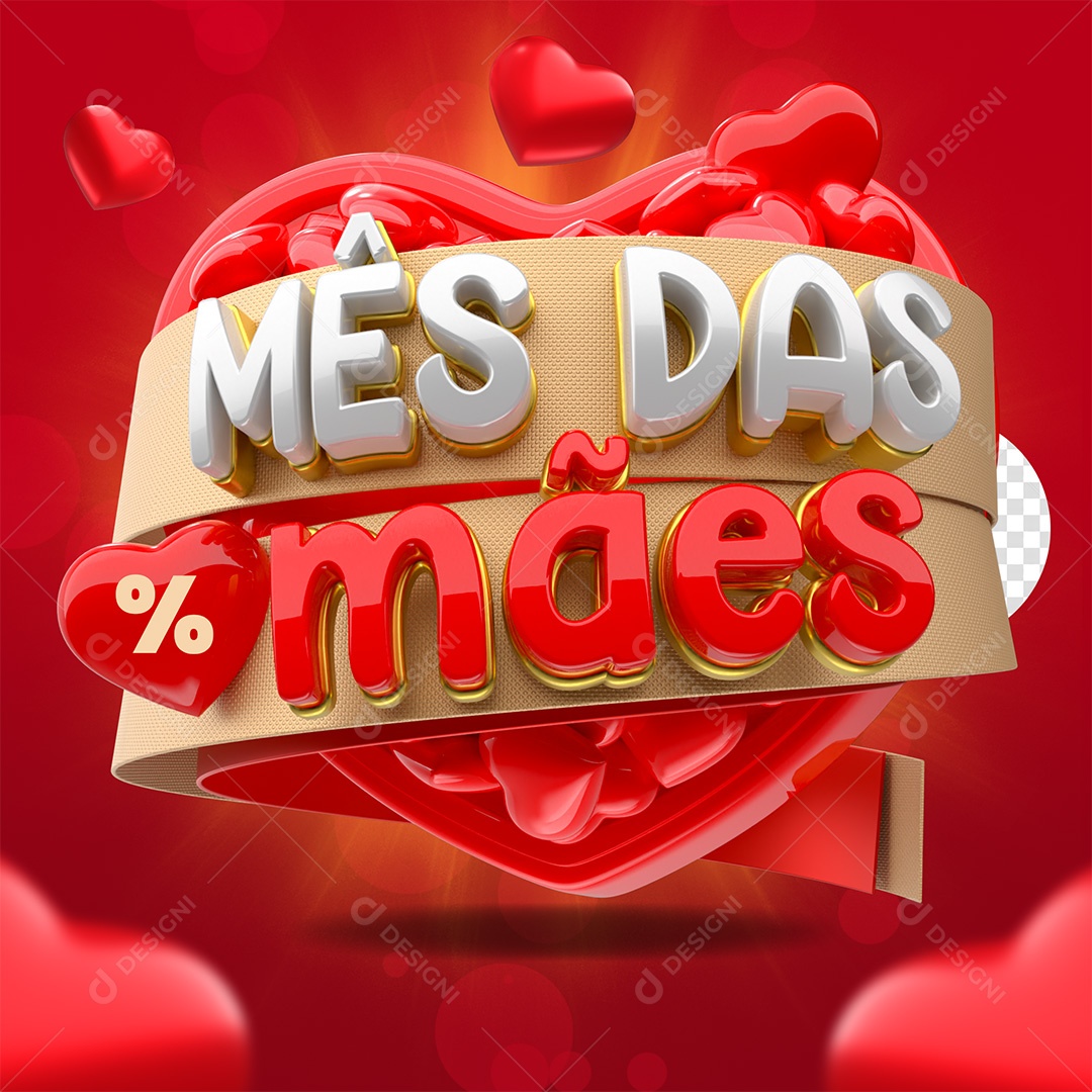Mês das Mães Selo 3D Vermelho Dourado e Branco para Composição PSD