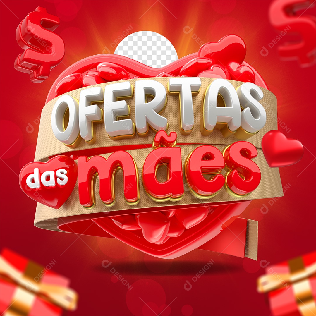 Ofertas das Mães Selo 3D Vermelho Dourado e Branco para Composição PSD