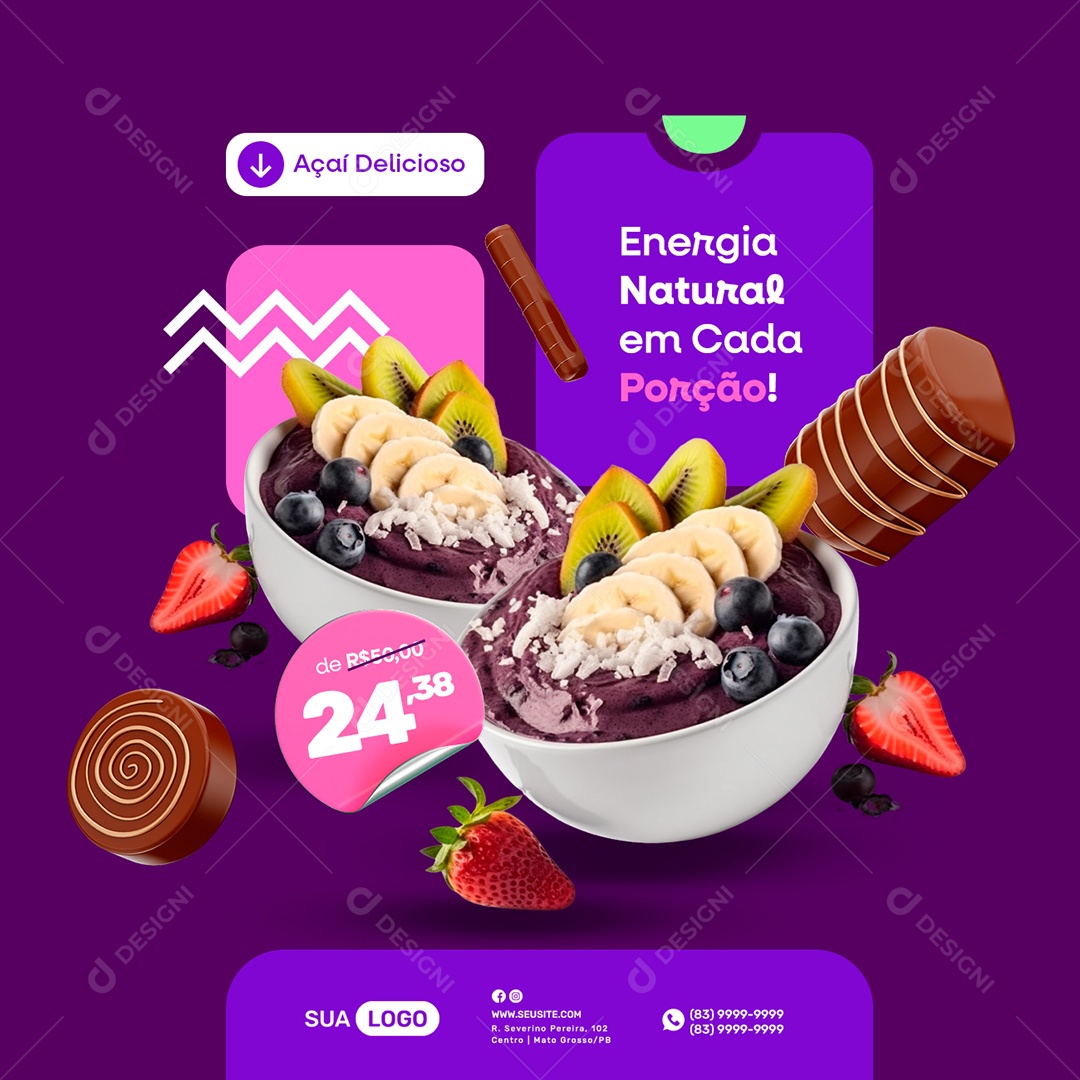 Açaiteria Tigela de Açaí Energia Natural em Cada Porção Social Media PSD Editável